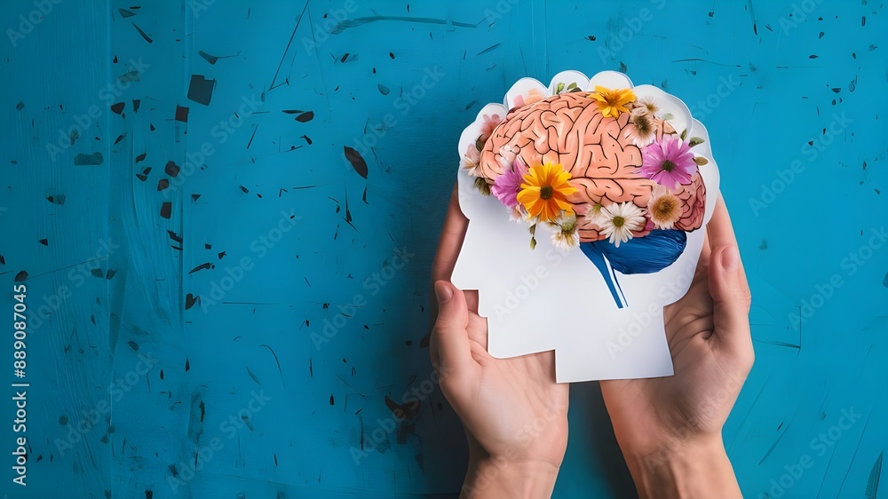 Hands holding a paper head of a human brain adorned with colorful ...