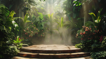 Wall Mural - Podium with a jungle design and a lush canopy