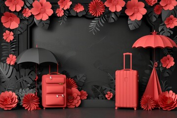 Canvas Print - Festive red travel scene with suitcases flowers and umbrellas on a dark background capturing a cheerful holiday mood