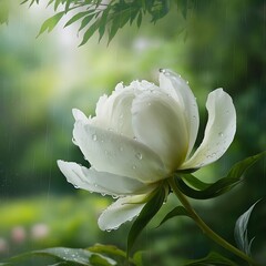 The background image is green natural environmentally friendly natural background a blooming white creamy peony bud with raindrops