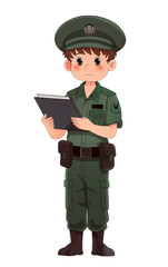 Cartoon illustration of a young officer in a green uniform holding a clipboard, standing with a serious expression.