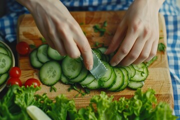 Slicing romaine lettuce for a chopped salad - close up ANTIPASTO SALAD SERIES. Beautiful simple AI generated image in 4K, unique.