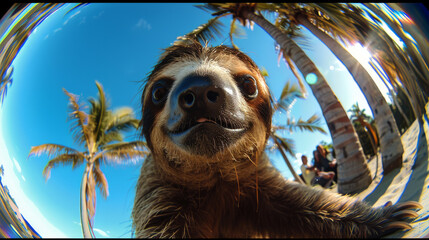 sloth selfie with a fisheye lens, capturing a playful and humorous expression. The background features palm trees and a clear blue sky, giving a tropical feel. Travel, Nature, Humor