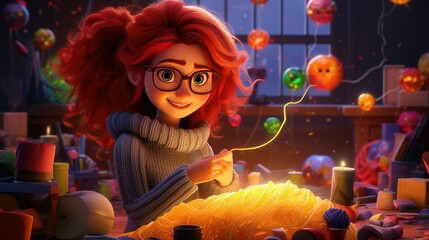 Sticker - A girl with red hair and glasses is knitting