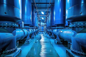 Industrial Water Treatment Plant Featuring Boiler Room with Blue Metal Steel Equipment