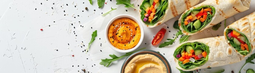 Fresh and Wholesome: Colorful Healthy Wraps and Sandwiches Flat Lay with Veggies, Hummus, and Whole Grain Bread on White Surface