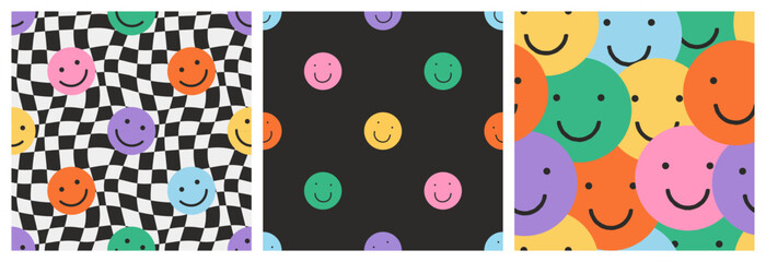 Wall Mural - Funny smiling happy face colorful checkered seamless pattern set. Retro psychedelic checker board tile smile icon background texture collection. Trendy cartoon doodle wallpaper.