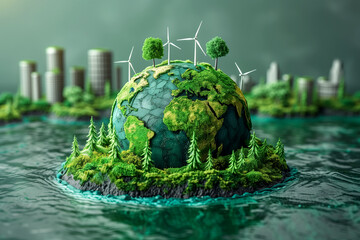 A green planet with trees and windmills on it. The planet is surrounded by water and buildings