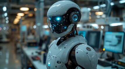 Aufkleber - Futuristic Robot in Factory Setting.