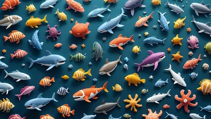 Wall Mural - A colorful and vibrant pattern of various fish and sea creatures in a 3D style.