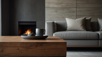 Wall Mural - Close-up of a wooden coffee table with a gray sofa and fireplace in the background. minimalist home interior design for modern living room.