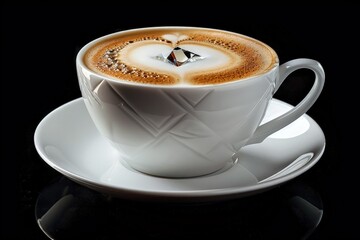 a cup of coffee on a saucer on a black background