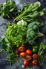 Wall Mural - Fresh greens and vegetables arranged neatly on a table, perfect for food styling or photography