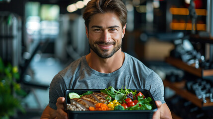  A bodybuilder, holding a black plastic container box brimming with a nutritious meal of white meat, leafy green salad, and colorful veggies, standing in a spacious, well-equipped gym.