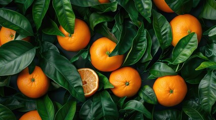 Wall Mural - Background of fresh tangerines or oranges with green leaves. Juicy fruits.