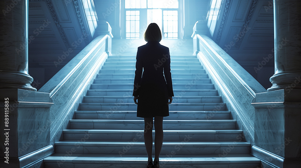 A businesswoman in formal attire stands at the base of a tall, daunting ...