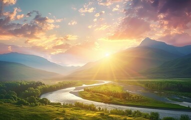 A beautiful mountain landscape with a river running through it. The sun is setting, casting a warm glow over the scene. The sky is filled with clouds, creating a serene and peaceful atmosphere