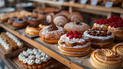 Wall Mural - A display of various pastries, including donuts, cakes, and pies