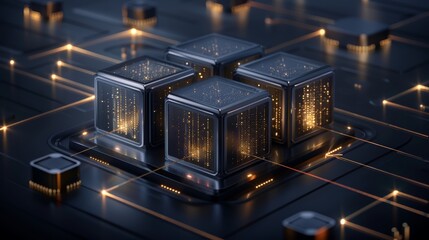 Wall Mural - futuristic digital representation of blockchain technology with illuminated data blocks on a dark ci