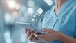 © tinnakorn - A healthcare professional using a tablet for digital medical records with futuristic interface icons. Concept of medical technology and innovation.
