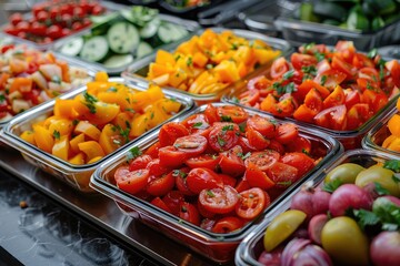 Wall Mural - Catering meals prepared for guests at a wedding or hotel dinner. Healthy salads and other vegetables.