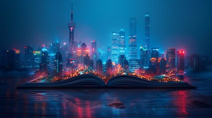 Poster - A Nighttime View of a Cityscape Emerging From an Open Book