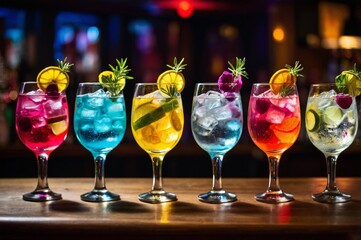 Six colorful liquids cocktails garnished with fruit and herbs in row on wooden bar counter