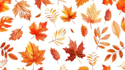 Poster - A seamless pattern of autumn leaves in various shades of orange, red, and yellow on a white background.