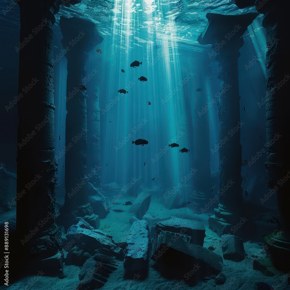 Sunken city with ancient ruins and glowing marine life, mysterious ...