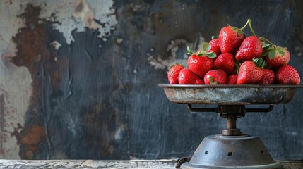 Sticker - Strawberries on old scales with dark backdrop Healthy eating idea with empty room