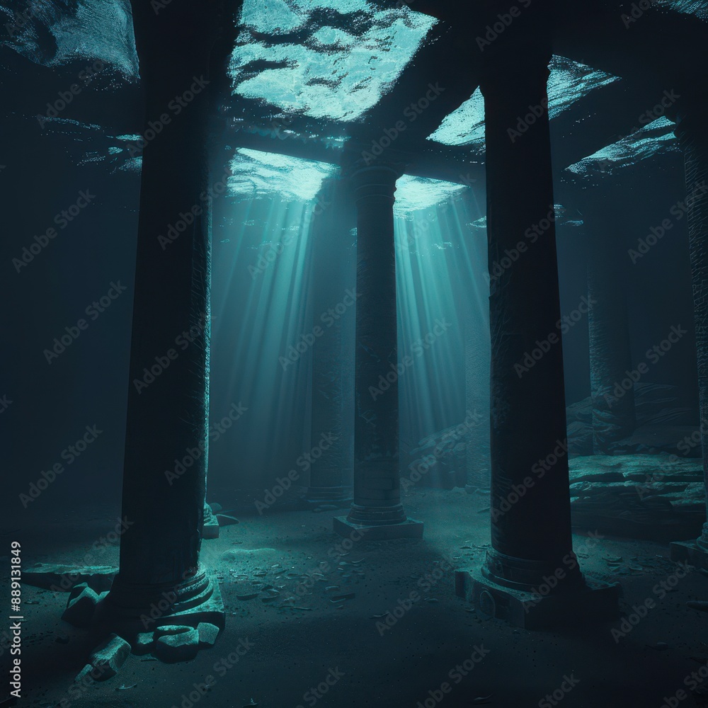 Sunken city with ancient ruins and glowing marine life, mysterious ...