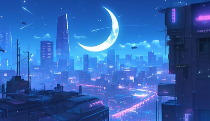 Wall Mural - cityscape night view on a rooftop, with lights on buildings and illuminated surroundings, anime art,