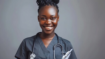 Sticker - A black woman doctor with dark curly hair smiles while wearing a blue scrubs top and a stethoscope.