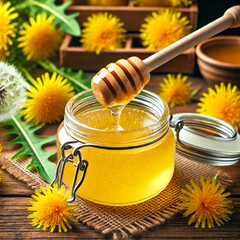 Poster - A jar of yellow dandelion jam with an open lid stands on the table