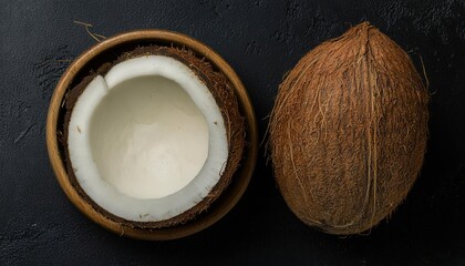 Poster - coconut in a bowl on a black background, top view, copy space