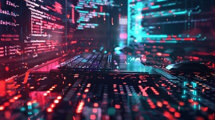 Computer Screen With Code And Keyboard In Dark Background