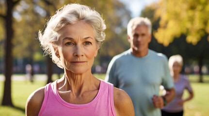 Fit senior people exercise in park, healthy active lifestyle in the retirement