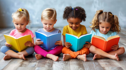 Four diverse children sitting on the floor, engrossed in reading colorful books, promoting education and literacy.