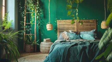 Canvas Print - Cozy bedroom with plants and green wall