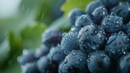 Sticker - This close-up photograph features blue grapes covered with dew, highlighting their fresh, juicy look and capturing the intricate details and the beauty of the grapes and their natural surrounding.