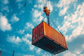 container cargo freight ship with working crane hook on blue sky background