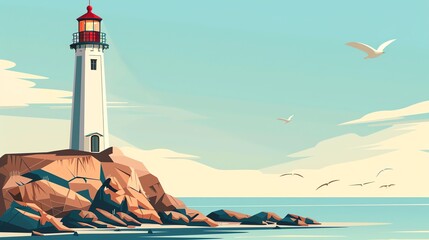 Wall Mural - A lighthouse on a rocky shore with birds flying in the sky.