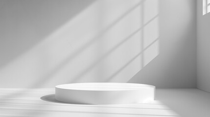 Leinwandbilder - white cylindric empty podium with soft window light in white empty studio room, minimalistic podium stage background with copy space and place for product placement and advertisement