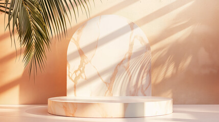 Leinwandbilder - Summer luxury tropical marble podium background mock up with soft sunlight and palm shadows. Warm peach pastel colors and palm leafs mock up empty space for product placement and advertisement