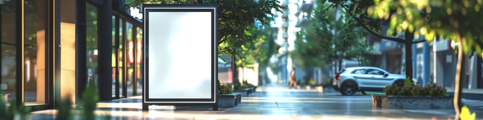 Blank Mockup Poster Stand in Shopping Mall Environment. Wide Banner Design for Public Area Display, Clean Screen or Signage Model for Promotions or Advertisements. AI-Generated, High-Quality 4K Wallpa