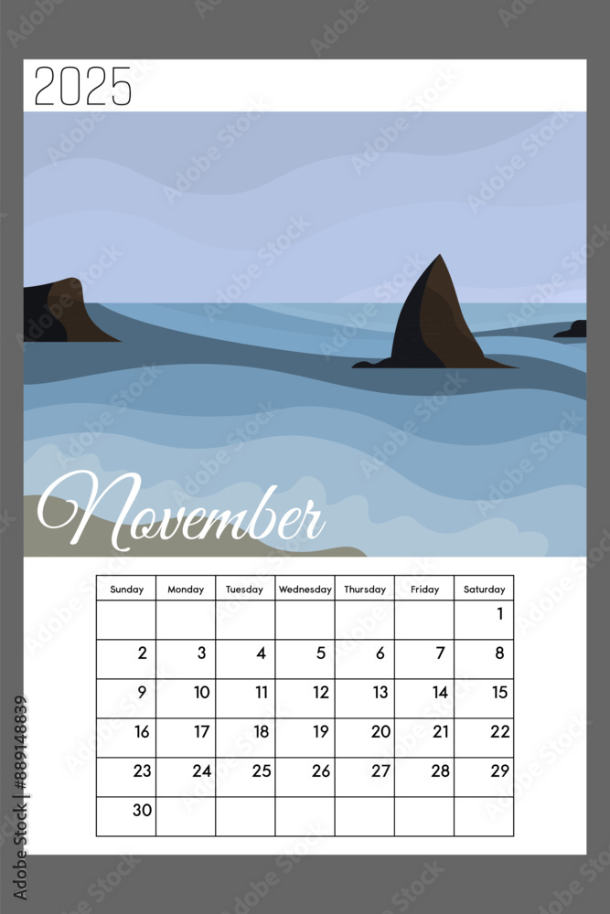 Monthly planner template for November 2025. Calendar grid for notes ...