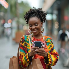 Wall Mural - A beautiful young woman with a bright smile, checking her messages on her smartphone while holding shopping bags. 