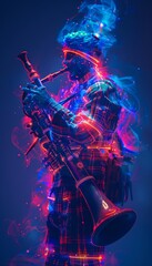 Wall Mural - Neon Glowing Bagpipe Player in Abstract Design