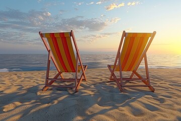 Vibrant sunset at beach with two empty beach chairs on sand warm hues serene ocean vacation vibes peaceful coastal retreat calm evening sky idyllic summer getaway