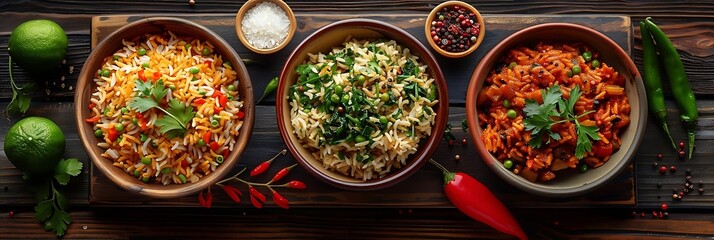 Poster - Three Bowls of Rice Dishes with Green and Red Peppers, Limes, and Parsley - Food Photography